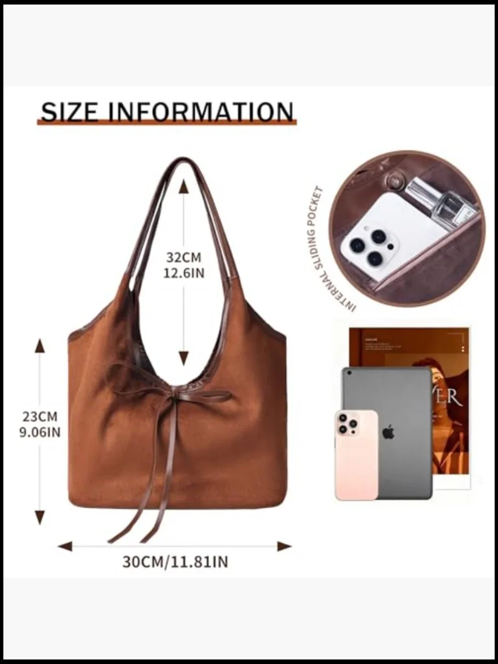 Vintage Suede Bow Tote Bag Slouchy Shoulder Hobo Satchel Purse Large Capacity - Picture 6 of 7